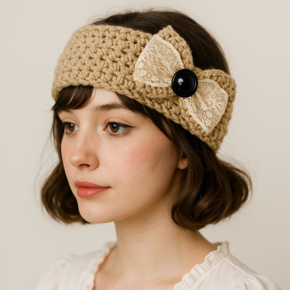 Handcrafted Crochet Beige Headband With Lace Bow & Button Accent